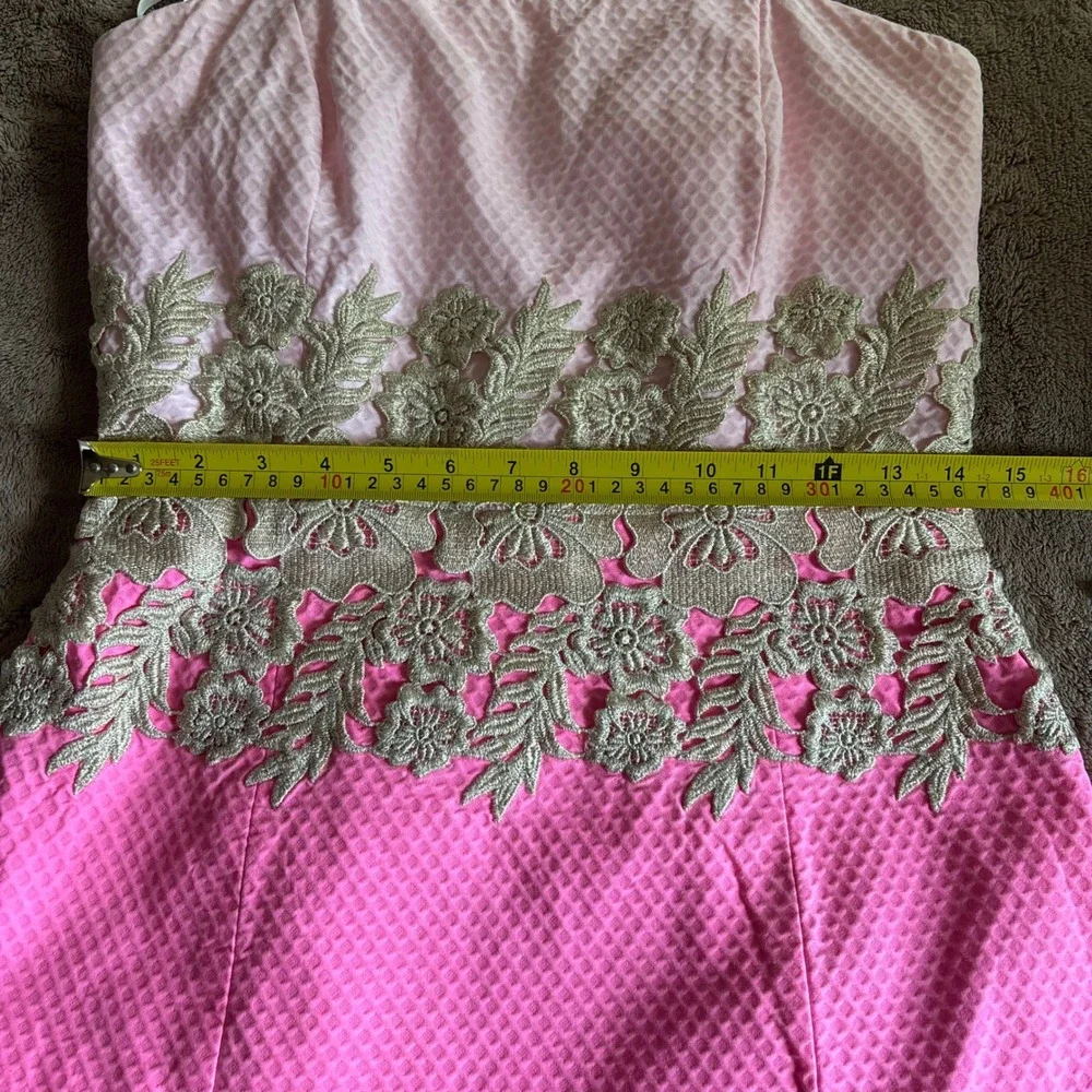 Lilly Pulitzer Pink Seersucker Strapless Lace Dress Gold Floral Applique Size 6 - Picture 8 of 11
